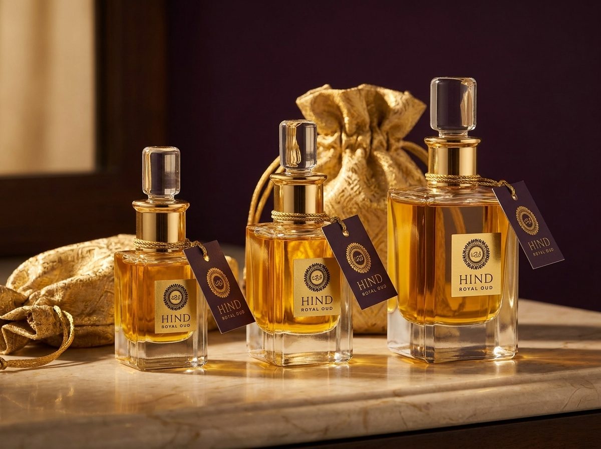 Three square flint-glass bottles of Hind Royal Oud dehn al oud in ascending sizes with gold collars, hang-tags and brocade pouches on a marble vanity