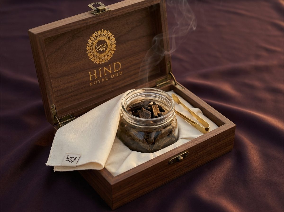 Open walnut wood box of Hind Royal Oud agarwood chips in a glass jar on an ivory fabric bed with gold tongs, incense smoke rising