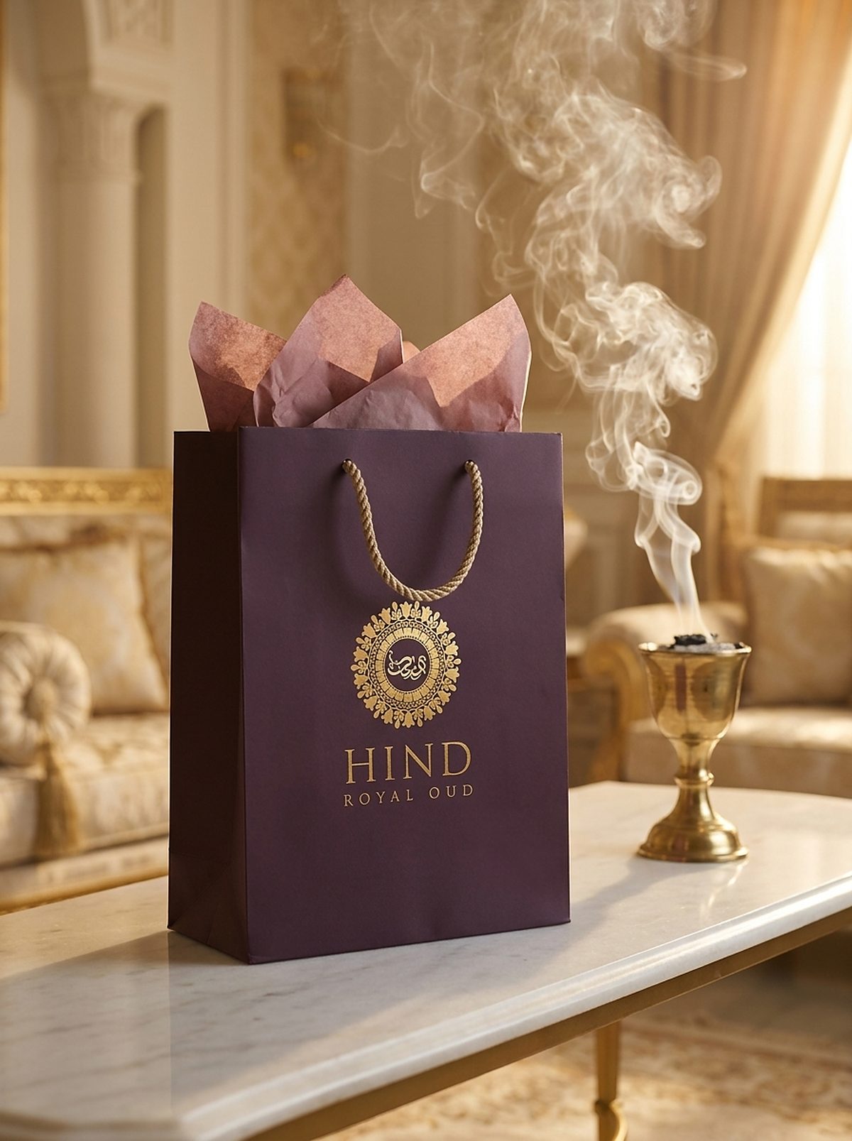 Aubergine Hind Royal Oud gift bag with gold medallion and rope handles on a marble table beside a brass incense burner