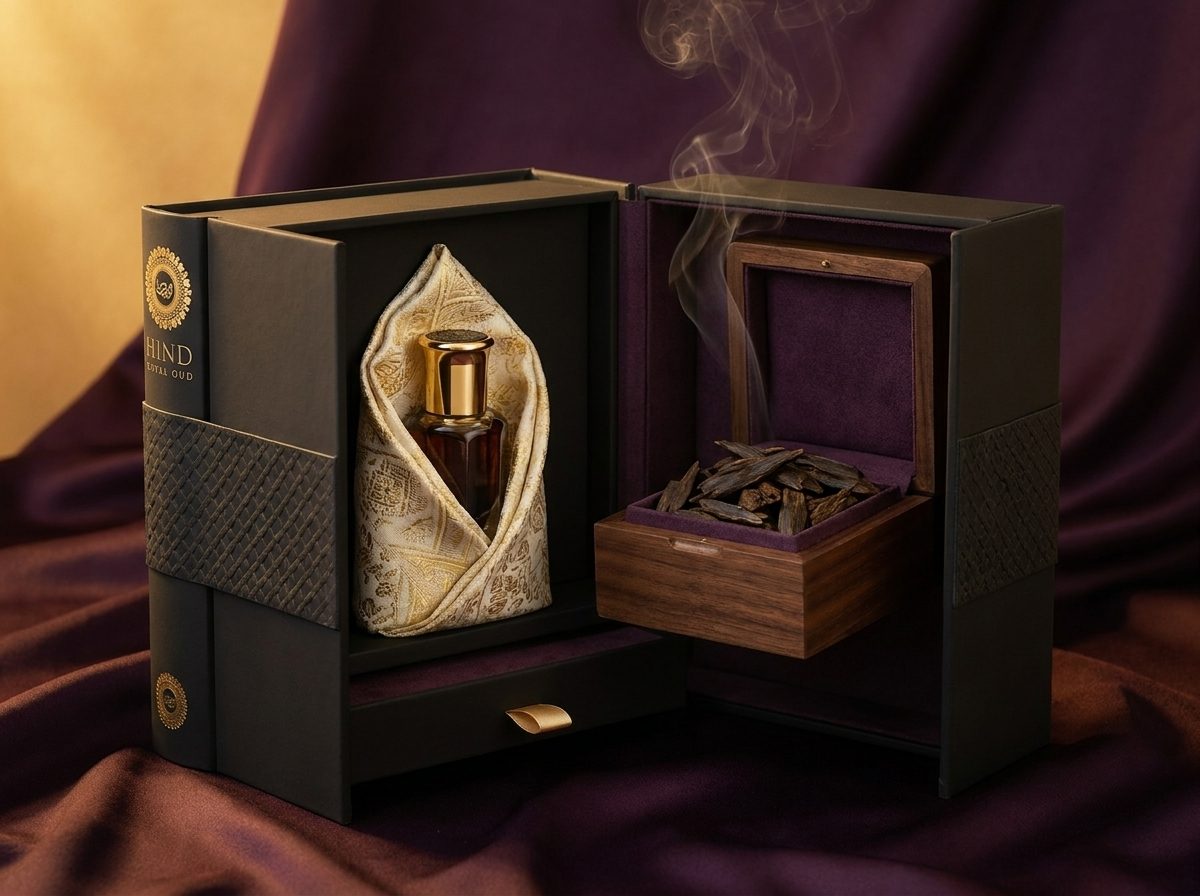 Hind Royal Oud Majlis Book gift set opened right to left, a fabric-wrapped oil bottle on the left and a walnut box of agarwood chips on the right